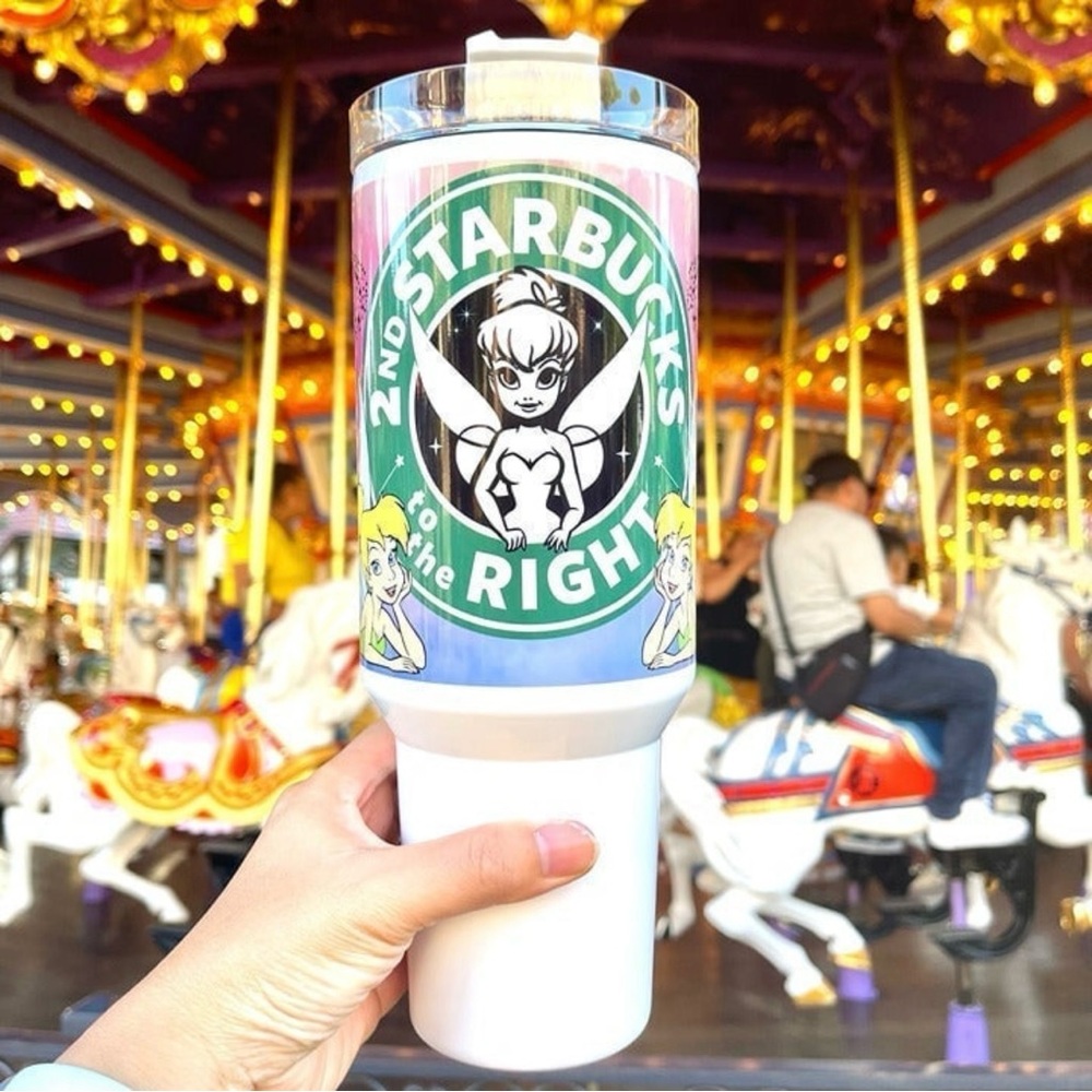 Hand Crafted White Tinkerbell-Themed Travel Tumbler with Green and Pink Accent